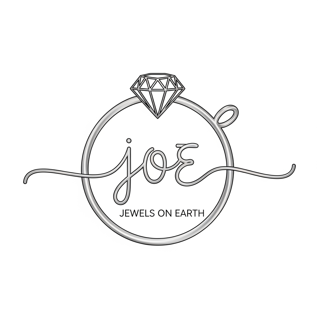 AI Logo Design by Hiding Elephant for 1. CONTEXT

You are designing a premium jewelry-style monogram logo for Jewels On Earth. The client wants the letters JOE written in continuous cursive, enclosed inside a circular pendant-like shape, with a diamond element on top.

2. TASK

Create a continuous cursive monogram “JOE” inside a circle frame, designed like a jewelry pendant. Add a diamond on top of the circle and a small pendant loop (pin) on the right top.

3. INSTRUCTION

Write J O E in one flowing, continuous signature-style cursive stroke.

Place the entire text inside a perfect circular outline (like a jewelry locket/pendant).

Add a geometric diamond on the top center of the circle.

Diamond should be faceted and premium, not cartoonish.

Add a small pendant loop / ring on the top-right side of the circle (as shown in sketch).

Maintain smooth luxury curves inside the circle.

Keep strokes elegant, thin, premium, with high-end jewelry aesthetics.

Use metallic colors: gold, rose gold, or platinum.

Keep background clean, vector-style, no textures, no mockups.

Everything must look like a premium jewelry logo.

4. DATA

Brand: Jewels On Earth
Monogram: JOE (continuous cursive)
Frame: Circular pendant outline
Top Element: Diamond shape (geometric facets)
Extra Element: Pendant loop/pin on top-right
Colors:

Gold #D4AF37

Rose Gold #B76E79

Platinum #E5E7EB
Style: Luxury cursive, pendant-style logo
Output: High-resolution vector logo