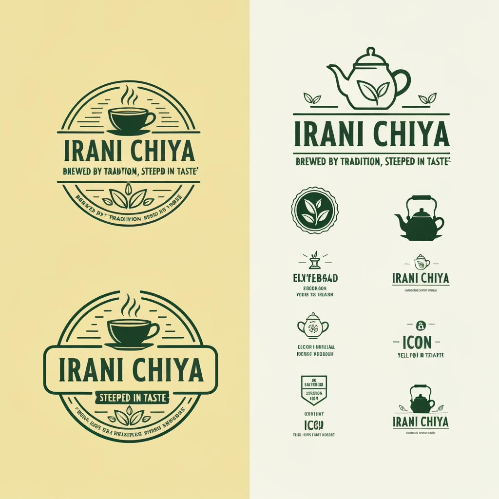 AI Logo Design by Hiding Elephant for “Create a modern, eye-catching logo for a café brand called Irani Chiya. The logo should strongly represent authentic tea culture with bold tea vibes. Include the slogan: ‘BREWED BY TRADITION, STEEPED IN TASTE’.
Use a clean, minimal yet premium design style. Incorporate elements like a steaming tea cup, tea leaves, or a traditional Irani tea kettle, but keep the design modern, iconic, and brandable.
Primary brand colors must be: Green #0D8140 and Yellow #FFF200 — use them prominently for contrast, vibrance, and recognition.
Typography should be bold, slightly vintage, and highly readable to match Irani chai heritage. The overall logo should feel warm, inviting, and memorable.
Generate variations including emblem style, icon-focused, badge-style, and wordmark versions with the slogan.” make best as you can possible