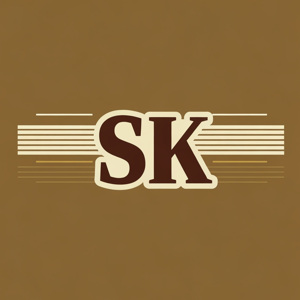 AI Logo Design by Hiding Elephant for Create a vintage-film inspired logo with SK in bold, classic typography. Use muted color palette—deep brown, gold, and cream. Add thin horizontal lines like retro movie studio logos.