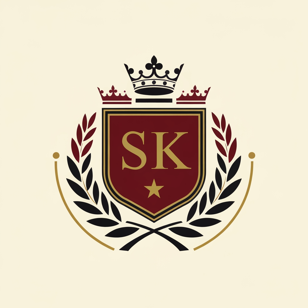 AI Logo Design by Hiding Elephant for Design a classic crest-style logo combining SK with symbolic elements like laurel, film reel, or a star. Use royal colors (gold, black, deep red). Professional, timeless, cinematic identity