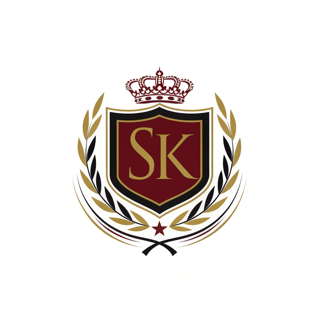 AI Logo Design by Hiding Elephant for Design a classic crest-style logo combining SK with symbolic elements like laurel, film reel, or a star. Use royal colors (gold, black, deep red). Professional, timeless, cinematic identity