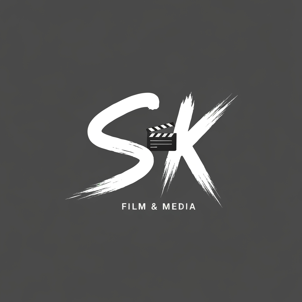 AI Logo Design by Hiding Elephant for Draw a 2D creative logo for SK Film & Media using brush-stroke-style typography for S and K, with a small flat movie reel or clapboard icon blended in. Artistic, expressive, and unique