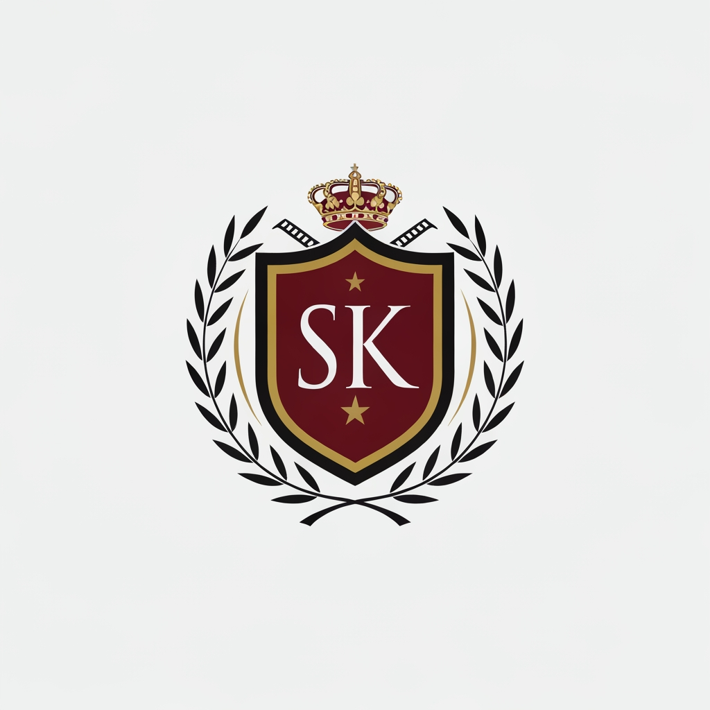 AI Logo Design by Hiding Elephant for Design a classic crest-style logo combining SK with symbolic elements like laurel, film reel, or a star. Use royal colors (gold, black, deep red). Professional, timeless, cinematic identity