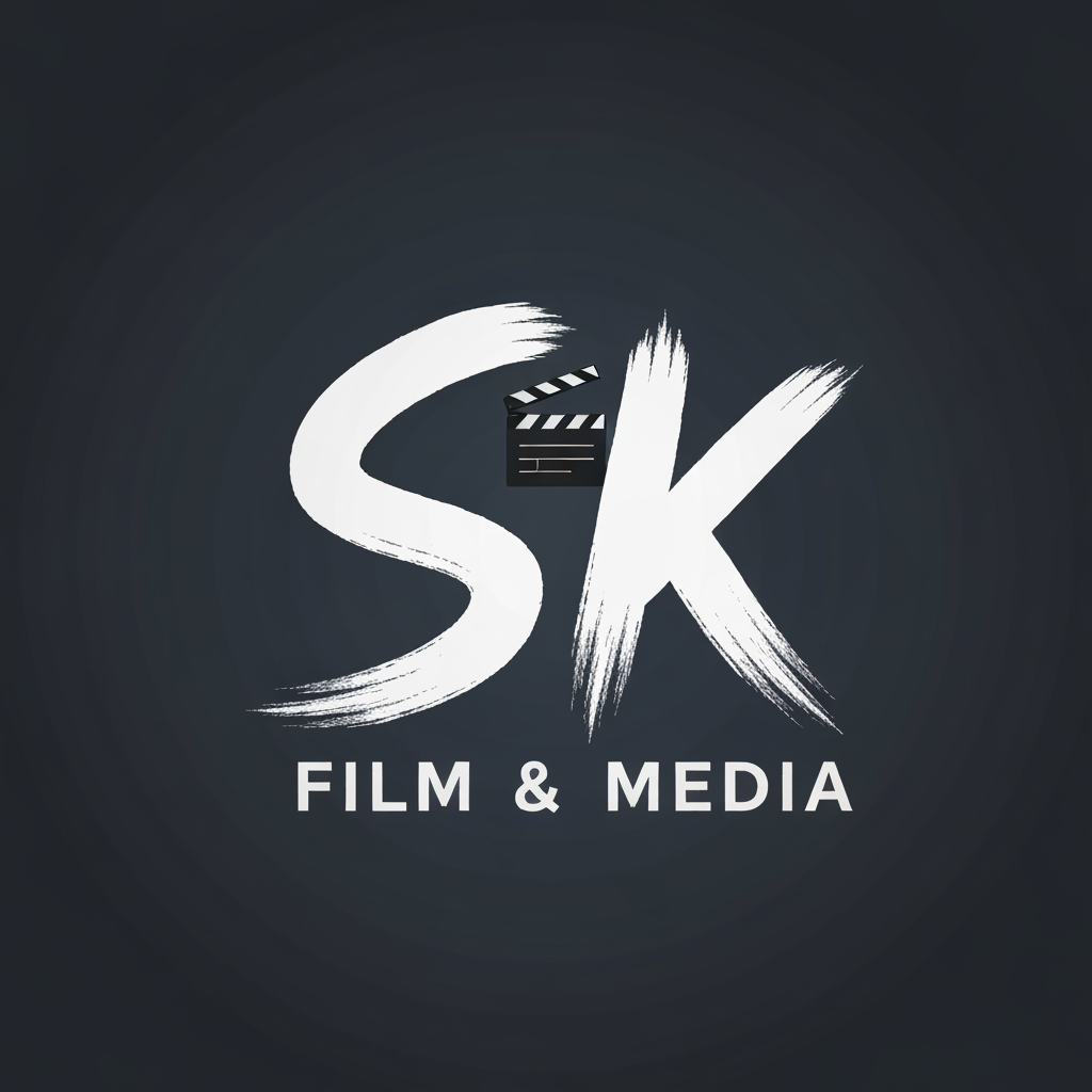 AI Logo Design by Hiding Elephant for Draw a 2D creative logo for SK Film & Media using brush-stroke-style typography for S and K, with a small flat movie reel or clapboard icon blended in. Artistic, expressive, and unique