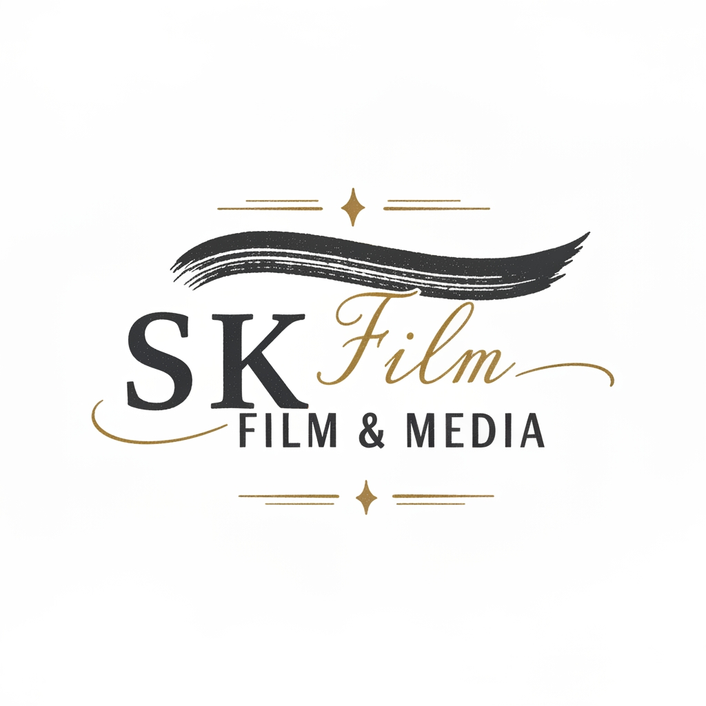 AI Logo Design by Hiding Elephant for Design a hand-inked classic logo for SK Film & Media with clean strokes and vintage calligraphy touches. Use subtle colors like gold and charcoal. Elegant, timeless, creative