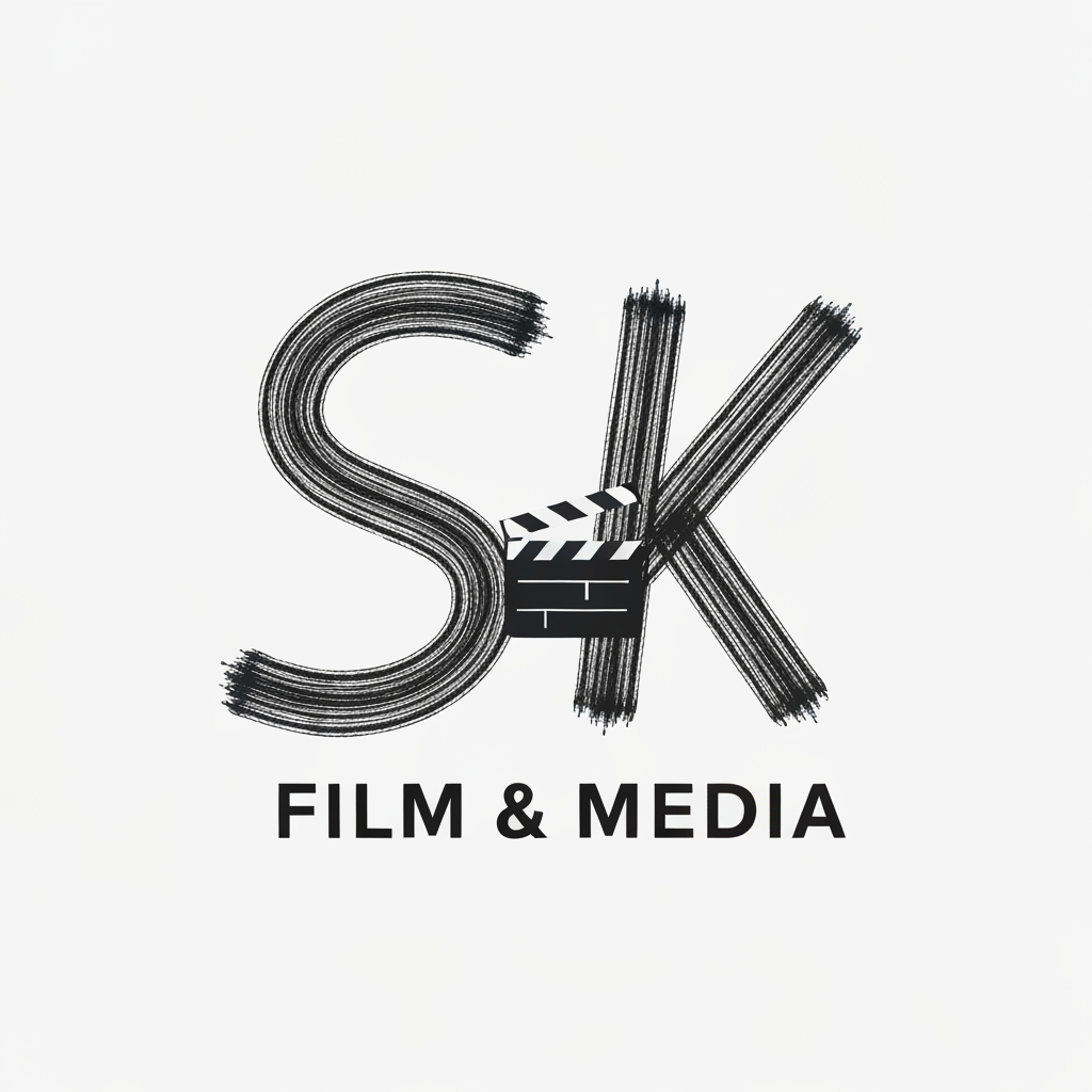 AI Logo Design by Hiding Elephant for Draw a 2D creative logo for SK Film & Media using brush-stroke-style typography for S and K, with a small flat movie reel or clapboard icon blended in. Artistic, expressive, and unique