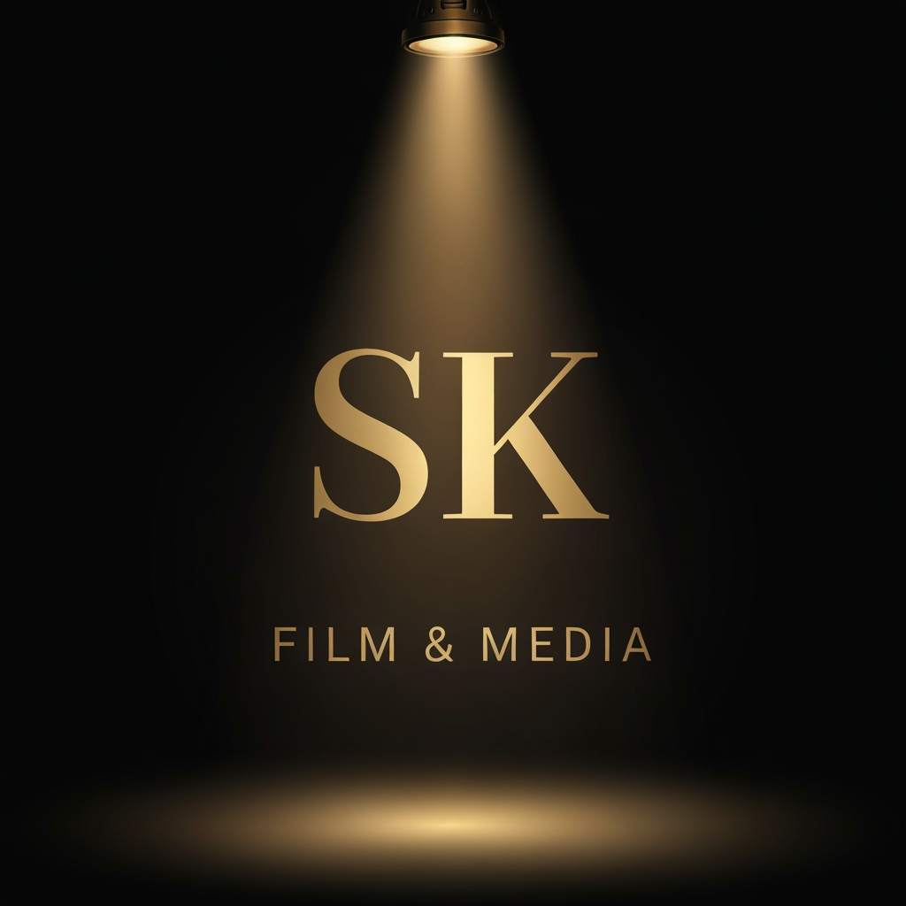 AI Logo Design by Hiding Elephant for Create a classic-style logo for SK Film & Media where a soft golden spotlight illuminates the letters SK. Dark background, warm gold highlights, subtle depth, vintage theater feel