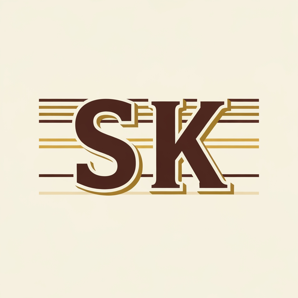 AI Logo Design by Hiding Elephant for Create a vintage-film inspired logo with SK in bold, classic typography. Use muted color palette—deep brown, gold, and cream. Add thin horizontal lines like retro movie studio logos.