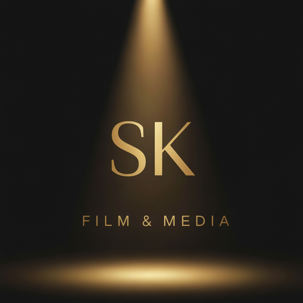 AI Logo Design by Hiding Elephant for Create a classic-style logo for SK Film & Media where a soft golden spotlight illuminates the letters SK. Dark background, warm gold highlights, subtle depth, vintage theater feel