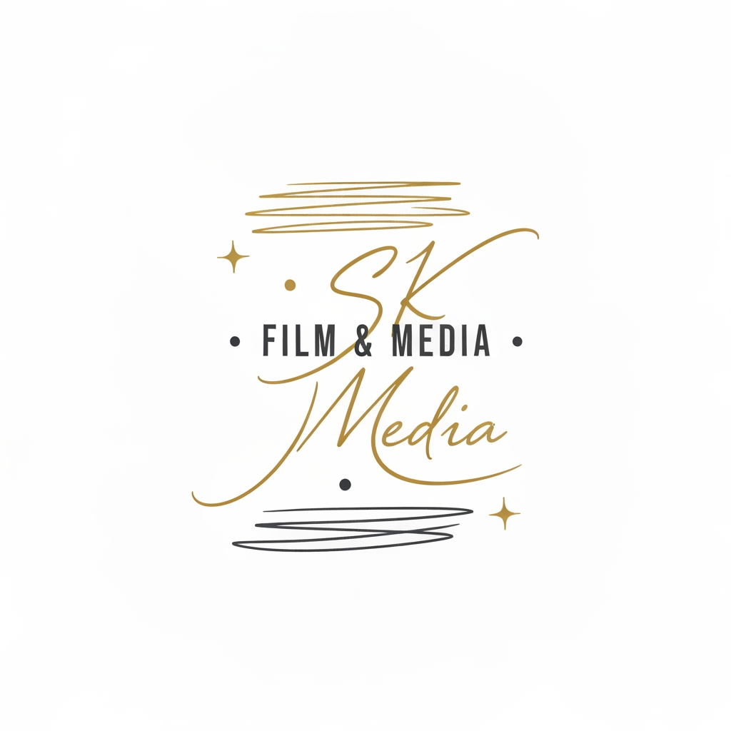 AI Logo Design by Hiding Elephant for Design a hand-inked classic logo for SK Film & Media with clean strokes and vintage calligraphy touches. Use subtle colors like gold and charcoal. Elegant, timeless, creative