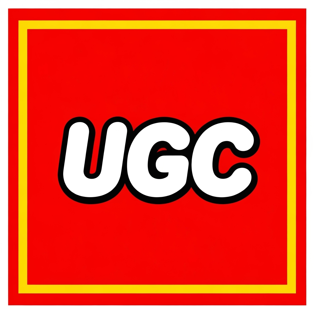 AI Logo Design by Hiding Elephant for Create an image inspired by the classic LEGO logo. Use the same layout, proportions, and color scheme: a bright red square background with a thin white border and a thick yellow outline inside it. In the center, replace the word “LEGO” with “UGC” in the same bold, rounded font style as the original LEGO logo. Match the font’s white letters with black shadowing and yellow outline exactly as in the classic LEGO design. Make sure it looks authentic and high quality.