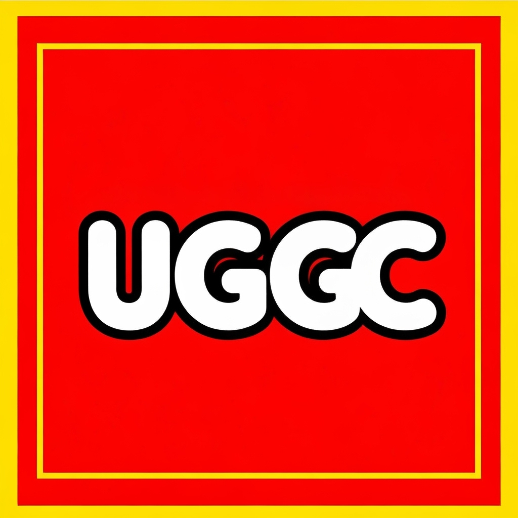AI Logo Design by Hiding Elephant for Create an image inspired by the classic LEGO logo. Use the same layout, proportions, and color scheme: a bright red square background with a thin white border and a thick yellow outline inside it. In the center, replace the word “LEGO” with “UGC” in the same bold, rounded font style as the original LEGO logo. Match the font’s white letters with black shadowing and yellow outline exactly as in the classic LEGO design. Make sure it looks authentic and high quality.