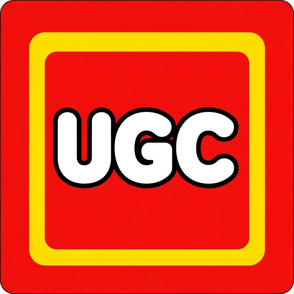 AI Logo Design by Hiding Elephant for Create an image inspired by the classic LEGO logo. Use the same layout, proportions, and color scheme: a bright red square background with a thin white border and a thick yellow outline inside it. In the center, replace the word “LEGO” with “UGC” in the same bold, rounded font style as the original LEGO logo. Match the font’s white letters with black shadowing and yellow outline exactly as in the classic LEGO design. Make sure it looks authentic and high quality.