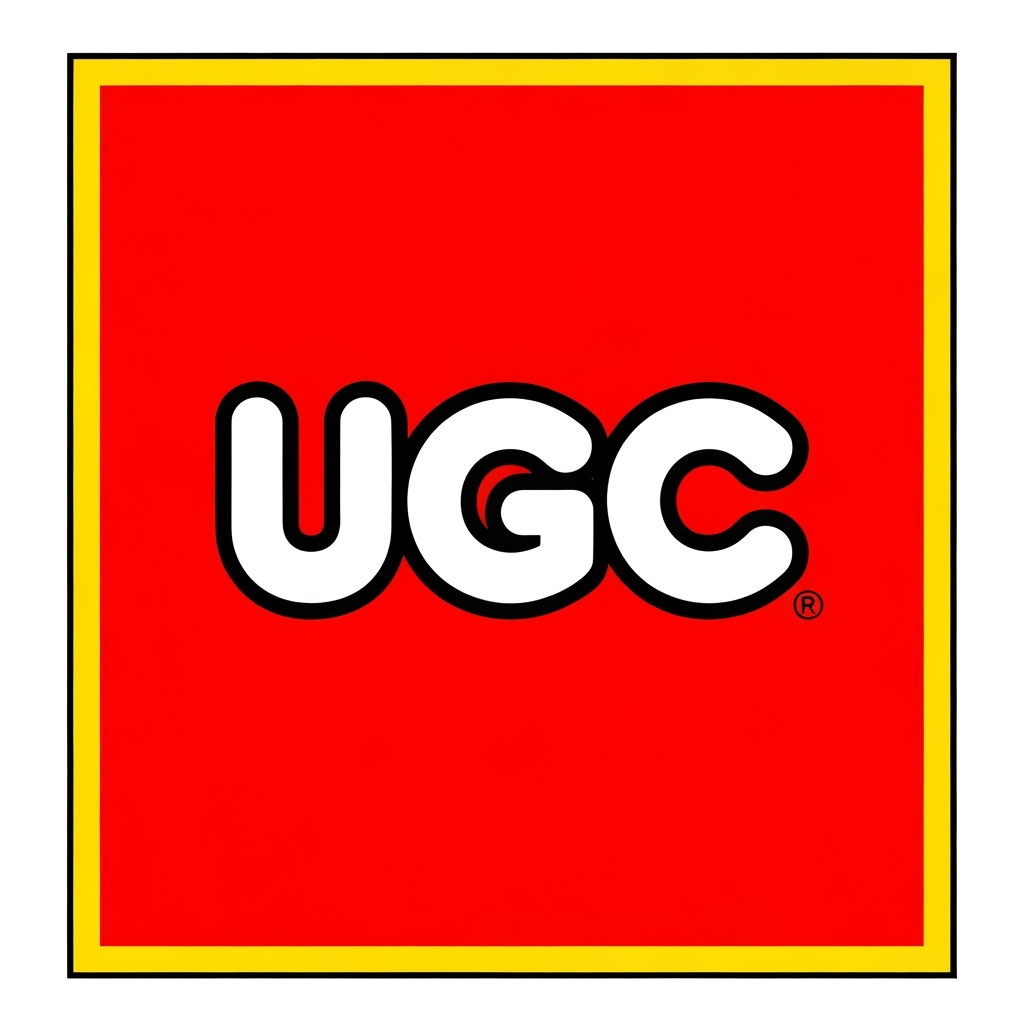 AI Logo Design by Hiding Elephant for Create an image inspired by the classic LEGO logo. Use the same layout, proportions, and color scheme: a bright red square background with a thin white border and a thick yellow outline inside it. In the center, replace the word “LEGO” with “UGC” in the same bold, rounded font style as the original LEGO logo. Match the font’s white letters with black shadowing and yellow outline exactly as in the classic LEGO design. Make sure it looks authentic and high quality.