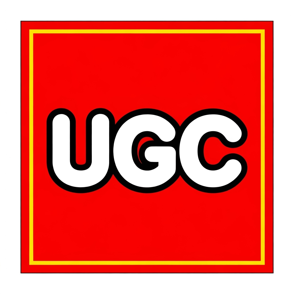 AI Logo Design by Hiding Elephant for Create an image inspired by the classic LEGO logo. Use the same layout, proportions, and color scheme: a bright red square background with a thin white border and a thick yellow outline inside it. In the center, replace the word “LEGO” with “UGC” in the same bold, rounded font style as the original LEGO logo. Match the font’s white letters with black shadowing and yellow outline exactly as in the classic LEGO design. Make sure it looks authentic and high quality.