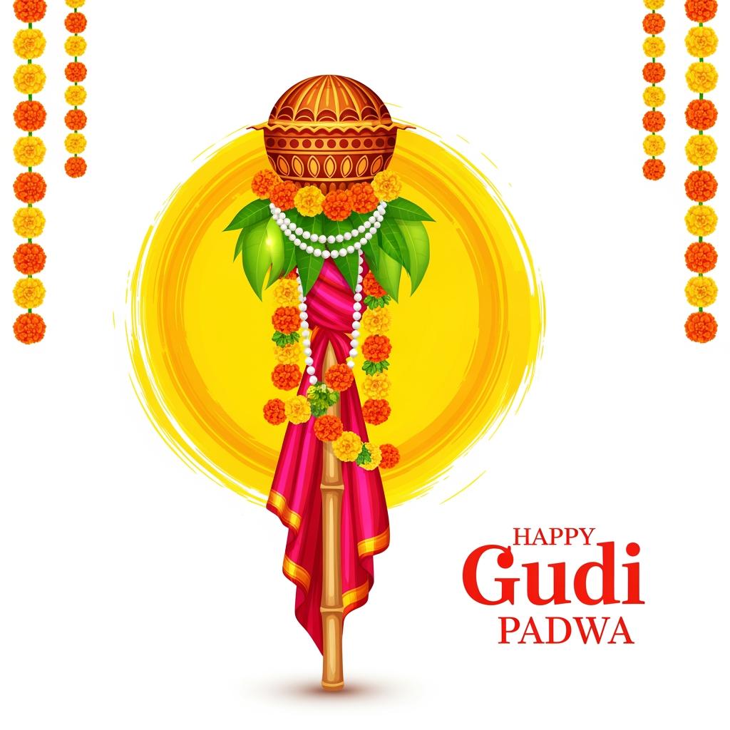 AI Logo Design by Hiding Elephant for “A festive Gudi Padwa celebration illustration featuring a traditional Gudi. The Gudi is made with a long bamboo stick draped in a vibrant red and pink silk cloth, decorated with marigold flower garlands, green mango leaves, and a string of white beads. On top sits a shiny copper kalash with intricate patterns. Behind it, there is a bright, artistic yellow paint stroke circle giving a divine and energetic festive feel. Floral garlands hang on both sides. Clean white background with elegant text ‘Happy Gudi Padwa’ in stylish red typography.”