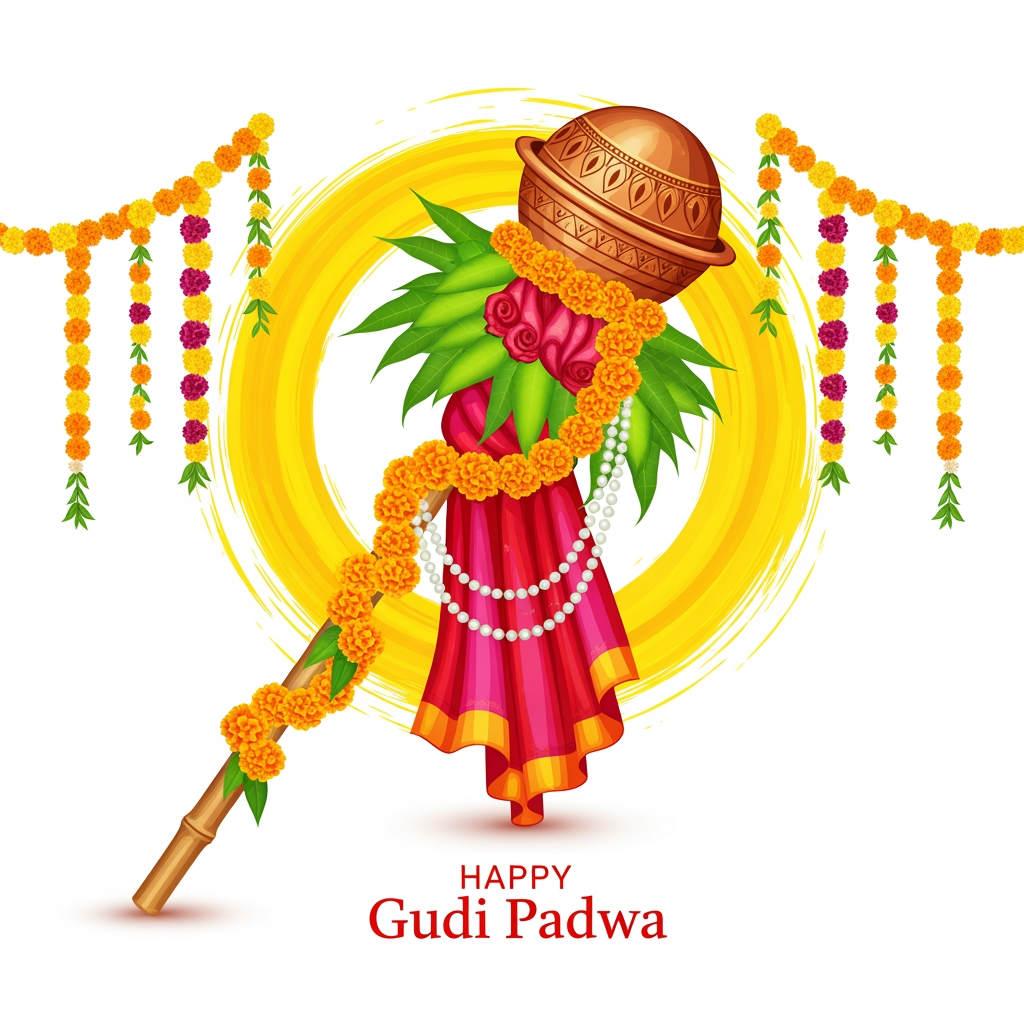 AI Logo Design by Hiding Elephant for “A festive Gudi Padwa celebration illustration featuring a traditional Gudi. The Gudi is made with a long bamboo stick draped in a vibrant red and pink silk cloth, decorated with marigold flower garlands, green mango leaves, and a string of white beads. On top sits a shiny copper kalash with intricate patterns. Behind it, there is a bright, artistic yellow paint stroke circle giving a divine and energetic festive feel. Floral garlands hang on both sides. Clean white background with elegant text ‘Happy Gudi Padwa’ in stylish red typography.”