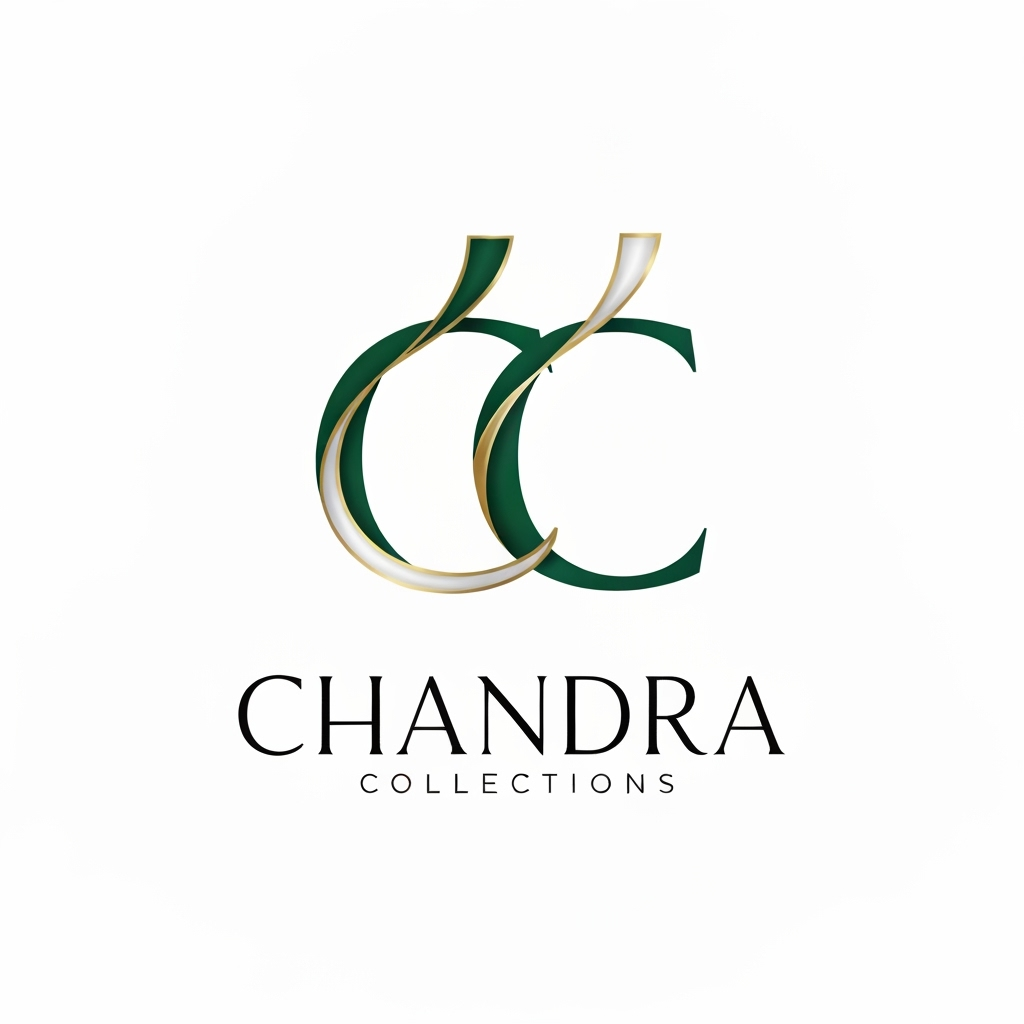 AI Logo Design by Hiding Elephant for Letterform for a jewelry business named "CC Chandra Collections": Abstract flowing lines forming the letters CC, evoking elegance and fluidity, Emerald green, deep gold, and subtle pearl white, A sophisticated, serif font for "Chandra Collections", influenced by Art Deco and modern luxury, delicate metallic sheen on the CC monogram, a clean white background little morden designs