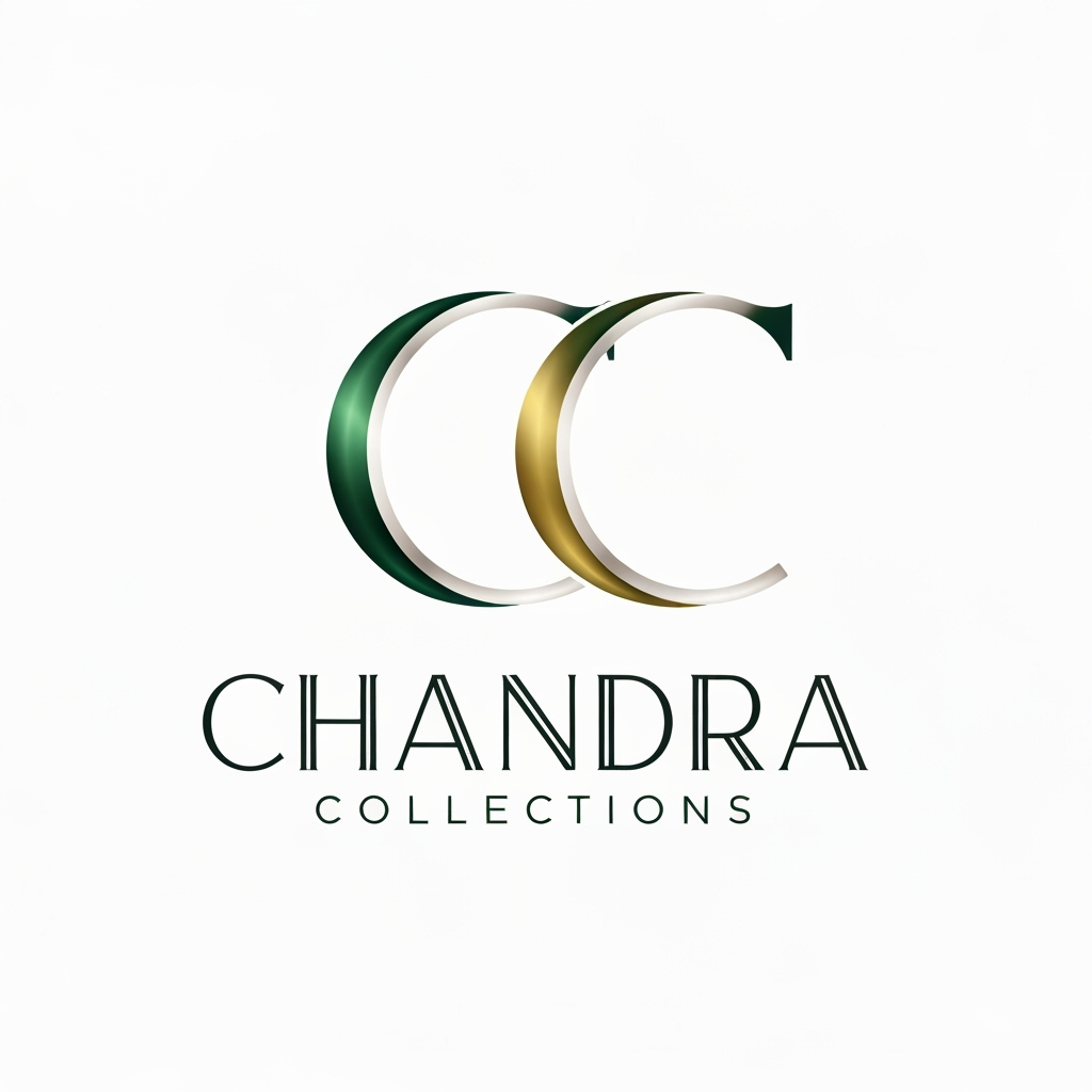 AI Logo Design by Hiding Elephant for Letterform for a jewelry business named "CC Chandra Collections": Abstract flowing lines forming the letters CC, evoking elegance and fluidity, Emerald green, deep gold, and subtle pearl white, A sophisticated, serif font for "Chandra Collections", influenced by Art Deco and modern luxury, delicate metallic sheen on the CC monogram, a clean white background