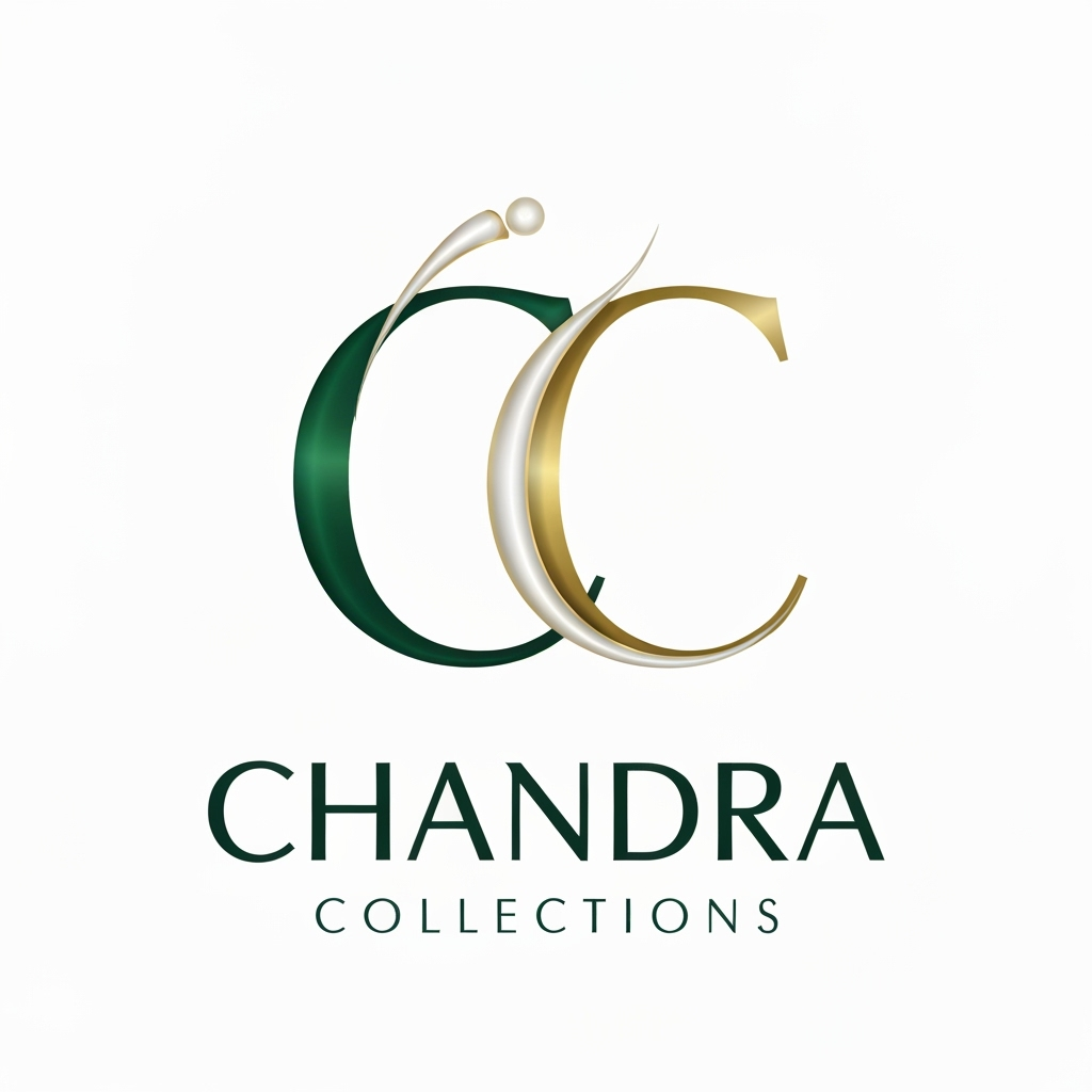 AI Logo Design by Hiding Elephant for Letterform for a jewelry business named "CC Chandra Collections": Abstract flowing lines forming the letters CC, evoking elegance and fluidity, Emerald green, deep gold, and subtle pearl white, A sophisticated, serif font for "Chandra Collections", influenced by Art Deco and modern luxury, delicate metallic sheen on the CC monogram, a clean white background
