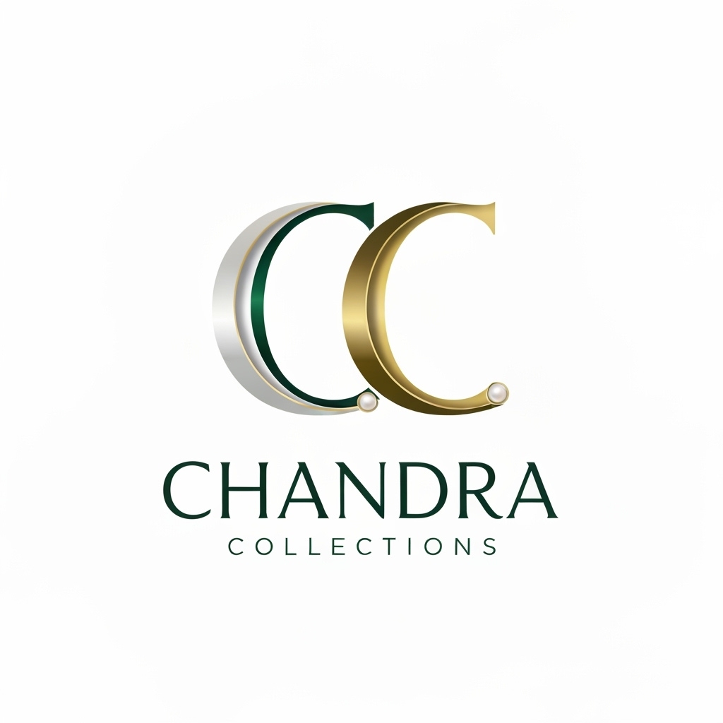AI Logo Design by Hiding Elephant for Letterform for a jewelry business named "CC Chandra Collections": Abstract flowing lines forming the letters CC, evoking elegance and fluidity, Emerald green, deep gold, and subtle pearl white, A sophisticated, serif font for "Chandra Collections", influenced by Art Deco and modern luxury, delicate metallic sheen on the CC monogram, a clean white background little morden designs