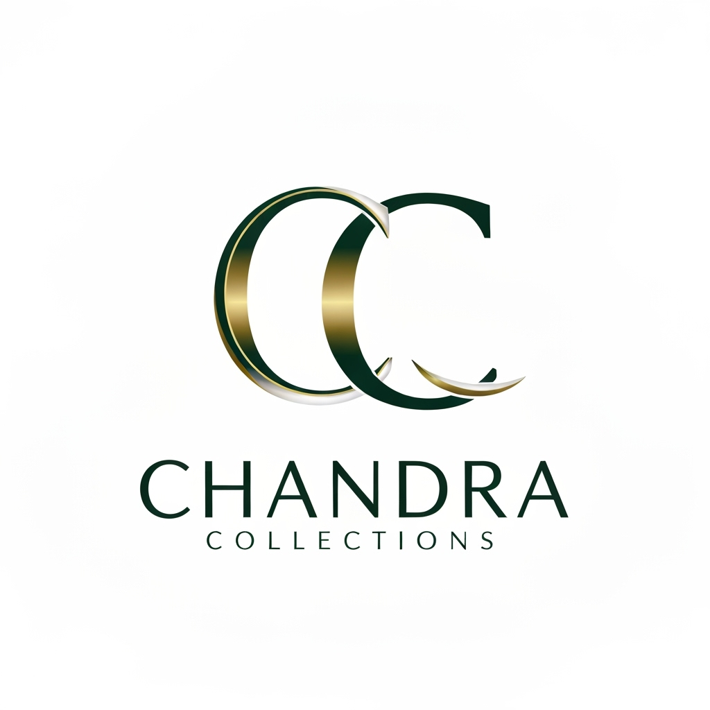 AI Logo Design by Hiding Elephant for Letterform for a jewelry business named "CC Chandra Collections": Abstract flowing lines forming the letters CC, evoking elegance and fluidity, Emerald green, deep gold, and subtle pearl white, A sophisticated, serif font for "Chandra Collections", influenced by Art Deco and modern luxury, delicate metallic sheen on the CC monogram, a clean white background