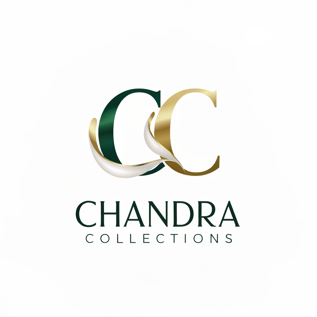 AI Logo Design by Hiding Elephant for Letterform for a jewelry business named "CC Chandra Collections": Abstract flowing lines forming the letters CC, evoking elegance and fluidity, Emerald green, deep gold, and subtle pearl white, A sophisticated, serif font for "Chandra Collections", influenced by Art Deco and modern luxury, delicate metallic sheen on the CC monogram, a clean white background