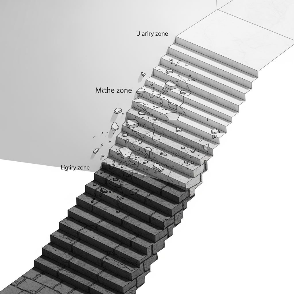 AI Logo Design by Hiding Elephant for Focus on a single section or axonometric view that clearly shows three zones:

1. Lower Zone: Show how the steps are narrow and heavy. You can use thick, dark lines and shading to create a sense of claustrophobia.

2. Middle Zone: Display indeterminacy here. The steps may be broken or shown as sketches or transparent outlines over the actual material.

3. Upper Zone: Show clarity. The steps are wide, and light penetrates from above. You can use very thin, clean lines