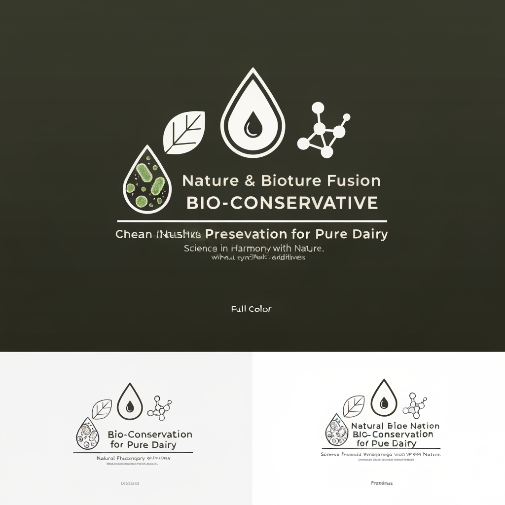 AI Logo Design by Hiding Elephant for Create a modern, clean, and science-inspired logo for a product that is a bio-conservative for dairy products, particularly cheese. The product naturally extends shelf life and preserves freshness without synthetic additives.

Key themes to represent:

Nature & biotechnology fusion (e.g., leaves, microbes, molecular patterns, or natural droplets)

Dairy connection (e.g., cheese wedge, milk droplet, or subtle dairy motifs)

Clean-label and safety (freshness, purity, sustainability)

Innovation & trustworthiness (professional, scientific aesthetic)

Style preferences:

Minimalist, modern, and elegant

Soft, natural color palette — white, cream, light green, blue, or gold tones

Avoid clutter or overly literal food imagery

Optionally include a tagline like: “Natural Preservation for Pure Dairy” or “Science in Harmony with Nature.”

Output options:

Full-color version and monochrome variant

Suitable for packaging, product labels, and digital marketing

Inspiration keywords: biotech, nature, purity, dairy innovation, sustainability, microbiology, freshness.