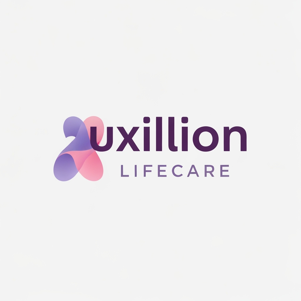 AI Logo Design by Hiding Elephant for That is a very distinct and professional logo!

Here is the detailed prompt that describes the logo shown in the image, capturing all the visual elements, colors, and styling:

---

## Logo Description Prompt

A professional pharmaceutical company logo for **Auxillion Lifecare**.

The logo features the word **“uxillion”** in lowercase, written in a **bold modern sans-serif font** (like Poppins or Montserrat). The color of the text is **dark plum purple (\#3C014C)**.

Below it, the text **“LIFECARE”** appears in uppercase, **thin font with wide letter spacing**, colored **medium purple-gray (\#6A497A)**.

**The most prominent feature** is the initial letter: the lowercase letter **“A”** has been replaced by an **abstract symbol** that is directly connected to the rest of the word **"uxillion"**. This symbol is made from two smooth, **overlapping, organic shapes**—one **lavender (\#E1BDEB)** and the other **soft pink (\#F7A6B8)**—which are slightly transparent and smoothly blended, forming a **gentle curved, wave-like figure** that seamlessly flows into the 'u' of 'uxillion'.

The design should be **clean, minimal, and corporate**, with an **off-white background**. The look conveys **trust, innovation, and care**,  A should be creative or vector or illustration suitable for a healthcare or pharmaceutical brand. create logo based on this prompt