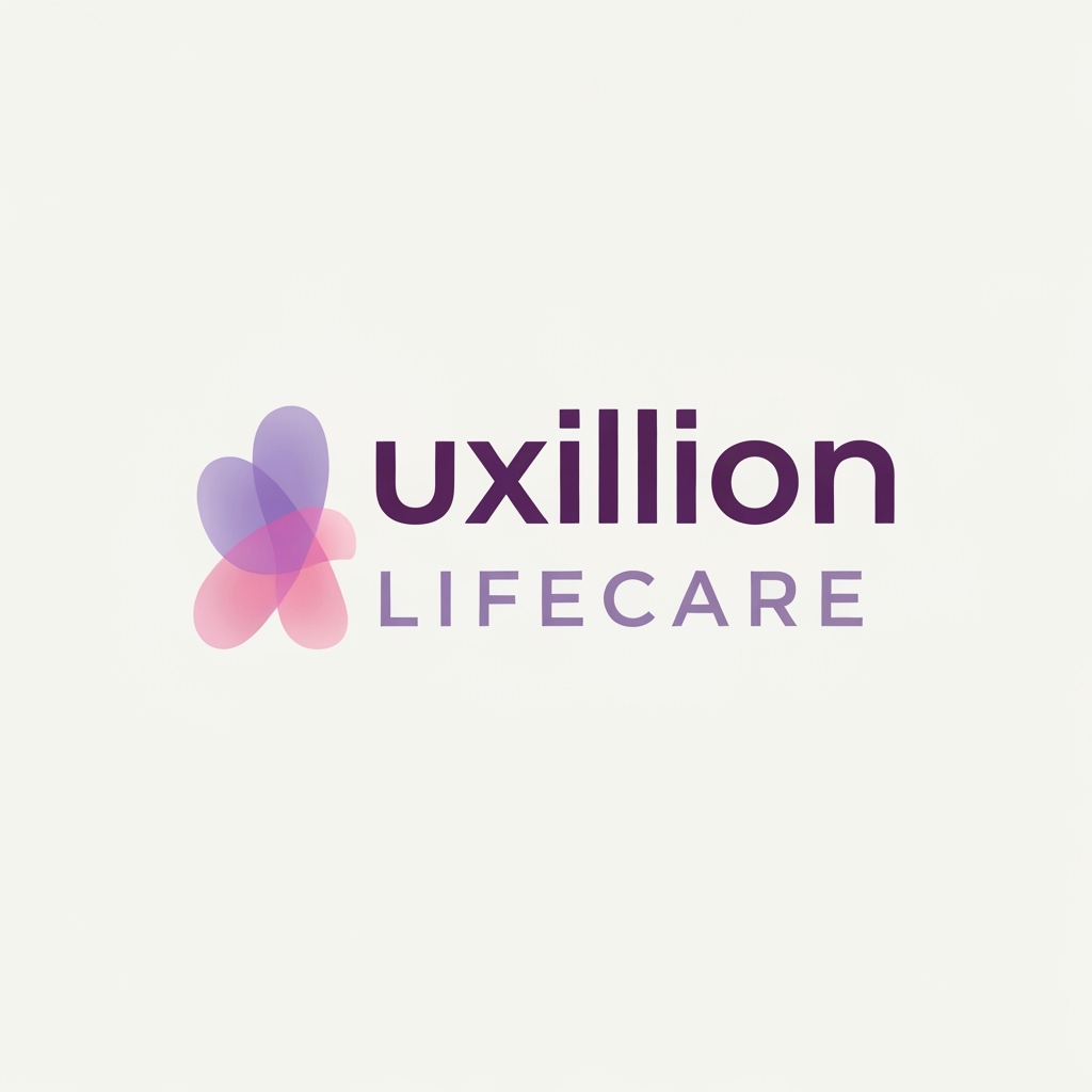 AI Logo Design by Hiding Elephant for That is a very distinct and professional logo!

Here is the detailed prompt that describes the logo shown in the image, capturing all the visual elements, colors, and styling:

---

## Logo Description Prompt

A professional pharmaceutical company logo for **Auxillion Lifecare**.

The logo features the word **“uxillion”** in lowercase, written in a **bold modern sans-serif font** (like Poppins or Montserrat). The color of the text is **dark plum purple (\#3C014C)**.

Below it, the text **“LIFECARE”** appears in uppercase, **thin font with wide letter spacing**, colored **medium purple-gray (\#6A497A)**.

**The most prominent feature** is the initial letter: the lowercase letter **“A”** has been replaced by an **abstract symbol** that is directly connected to the rest of the word **"uxillion"**. This symbol is made from two smooth, **overlapping, organic shapes**—one **lavender (\#E1BDEB)** and the other **soft pink (\#F7A6B8)**—which are slightly transparent and smoothly blended, forming a **gentle curved, wave-like figure** that seamlessly flows into the 'u' of 'uxillion'.

The design should be **clean, minimal, and corporate**, with an **off-white background**. The look conveys **trust, innovation, and care**,  A should be creative or vector or illustration suitable for a healthcare or pharmaceutical brand. create logo based on this prompt