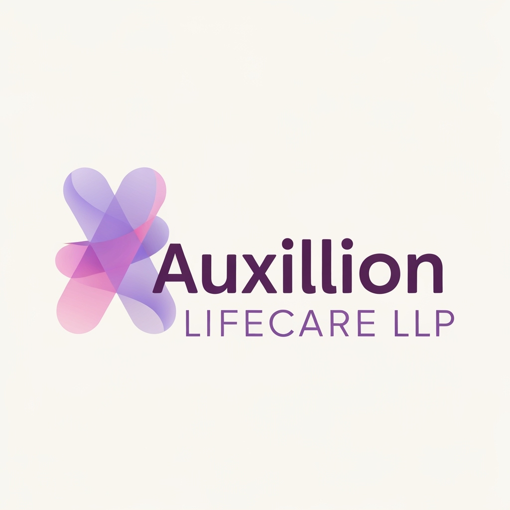 AI Logo Design by Hiding Elephant for Logo Text:
"Auxillion Lifecare LLP"

Typography:

Font Style: Clean, modern sans-serif typeface (similar to Poppins SemiBold or Montserrat Bold).

The word "Auxillion" is in lowercase, bold, and dark plum-purple color.

The word "LIFECARE LLP" is in uppercase, thin or light-weight font, with letter spacing (tracking) slightly increased for a clean corporate look, and colored medium purple-grey.

Alignment: Center-aligned under "Auxillion".

Color Palette:

Main Wordmark ("uxillion") – deep plum purple (#3C014C or similar).

Illustration / symbol – gradient shades of soft lavender (#E1BDEB) and light pink (#F7A6B8) overlapping in a transparent manner.

Subtext ("LIFECARE LLP") – medium purple (#6A497A).

Symbol / Icon:

Positioned to the left of the text.

Stylized abstract letter "A", composed of two smooth, flowing, overlapping organic shapes.

Shapes resemble fluid, soft ribbons or intersecting drops, forming a gentle curve or wave.

The shapes are not sharp-edged – they are rounded, smooth, and softly blended using a gradient or transparency overlap between lavender and pink.

The symbol gives a sense of motion, harmony, and care (abstractly representing life, connection, or health).

Composition:

The symbol is roughly the same height as the word “Auxillion”.

The symbol overlaps slightly behind the “A” and “u” of "Auxillion" (optional for stylistic match).

The entire logo sits on a white or very light beige background.

Overall Look & Feel:

Professional, soft, and elegant.

Reflects a modern healthcare or pharmaceutical brand identity.

Avoids medical clichés (no crosses, pills, or heart icons).

Focuses on abstract purity, balance, and trustworthiness through color and form.
