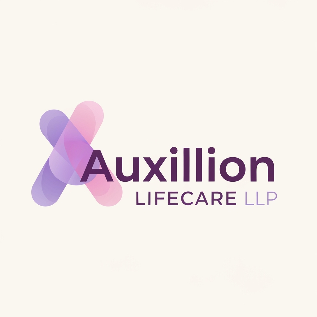 AI Logo Design by Hiding Elephant for Logo Text:
"Auxillion Lifecare LLP"

Typography:

Font Style: Clean, modern sans-serif typeface (similar to Poppins SemiBold or Montserrat Bold).

The word "Auxillion" is in lowercase, bold, and dark plum-purple color.

The word "LIFECARE LLP" is in uppercase, thin or light-weight font, with letter spacing (tracking) slightly increased for a clean corporate look, and colored medium purple-grey.

Alignment: Center-aligned under "Auxillion".

Color Palette:

Main Wordmark ("uxillion") – deep plum purple (#3C014C or similar).

Illustration / symbol – gradient shades of soft lavender (#E1BDEB) and light pink (#F7A6B8) overlapping in a transparent manner.

Subtext ("LIFECARE LLP") – medium purple (#6A497A).

Symbol / Icon:

Positioned to the left of the text.

Stylized abstract letter "A", composed of two smooth, flowing, overlapping organic shapes.

Shapes resemble fluid, soft ribbons or intersecting drops, forming a gentle curve or wave.

The shapes are not sharp-edged – they are rounded, smooth, and softly blended using a gradient or transparency overlap between lavender and pink.

The symbol gives a sense of motion, harmony, and care (abstractly representing life, connection, or health).

Composition:

The symbol is roughly the same height as the word “Auxillion”.

The symbol overlaps slightly behind the “A” and “u” of "Auxillion" (optional for stylistic match).

The entire logo sits on a white or very light beige background.

Overall Look & Feel:

Professional, soft, and elegant.

Reflects a modern healthcare or pharmaceutical brand identity.

Avoids medical clichés (no crosses, pills, or heart icons).

Focuses on abstract purity, balance, and trustworthiness through color and form.