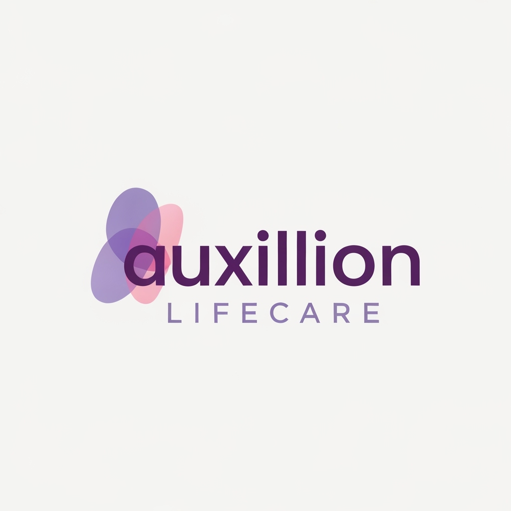 AI Logo Design by Hiding Elephant for That is a very distinct and professional logo!

Here is the detailed prompt that describes the logo shown in the image, capturing all the visual elements, colors, and styling:

---

## Logo Description Prompt

A professional pharmaceutical company logo for **Auxillion Lifecare**.

The logo features the word **“uxillion”** in lowercase, written in a **bold modern sans-serif font** (like Poppins or Montserrat). The color of the text is **dark plum purple (\#3C014C)**.

Below it, the text **“LIFECARE”** appears in uppercase, **thin font with wide letter spacing**, colored **medium purple-gray (\#6A497A)**.

**The most prominent feature** is the initial letter: the lowercase letter **“A”** has been replaced by an **abstract symbol** that is directly connected to the rest of the word **"uxillion"**. This symbol is made from two smooth, **overlapping, organic shapes**—one **lavender (\#E1BDEB)** and the other **soft pink (\#F7A6B8)**—which are slightly transparent and smoothly blended, forming a **gentle curved, wave-like figure** that seamlessly flows into the 'u' of 'uxillion'.

The design should be **clean, minimal, and corporate**, with an **off-white background**. The look conveys **trust, innovation, and care**,  A should be creative or vector or illustration suitable for a healthcare or pharmaceutical brand. create logo based on this prompt