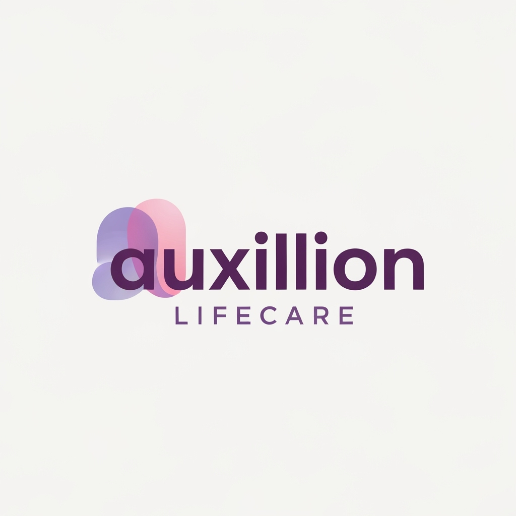 AI Logo Design by Hiding Elephant for That is a very distinct and professional logo!

Here is the detailed prompt that describes the logo shown in the image, capturing all the visual elements, colors, and styling:

---

## Logo Description Prompt

A professional pharmaceutical company logo for **Auxillion Lifecare**.

The logo features the word **“uxillion”** in lowercase, written in a **bold modern sans-serif font** (like Poppins or Montserrat). The color of the text is **dark plum purple (\#3C014C)**.

Below it, the text **“LIFECARE”** appears in uppercase, **thin font with wide letter spacing**, colored **medium purple-gray (\#6A497A)**.

**The most prominent feature** is the initial letter: the lowercase letter **“A”** has been replaced by an **abstract symbol** that is directly connected to the rest of the word **"uxillion"**. This symbol is made from two smooth, **overlapping, organic shapes**—one **lavender (\#E1BDEB)** and the other **soft pink (\#F7A6B8)**—which are slightly transparent and smoothly blended, forming a **gentle curved, wave-like figure** that seamlessly flows into the 'u' of 'uxillion'.

The design should be **clean, minimal, and corporate**, with an **off-white background**. The look conveys **trust, innovation, and care**,  A should be creative or vector or illustration suitable for a healthcare or pharmaceutical brand. create logo based on this prompt