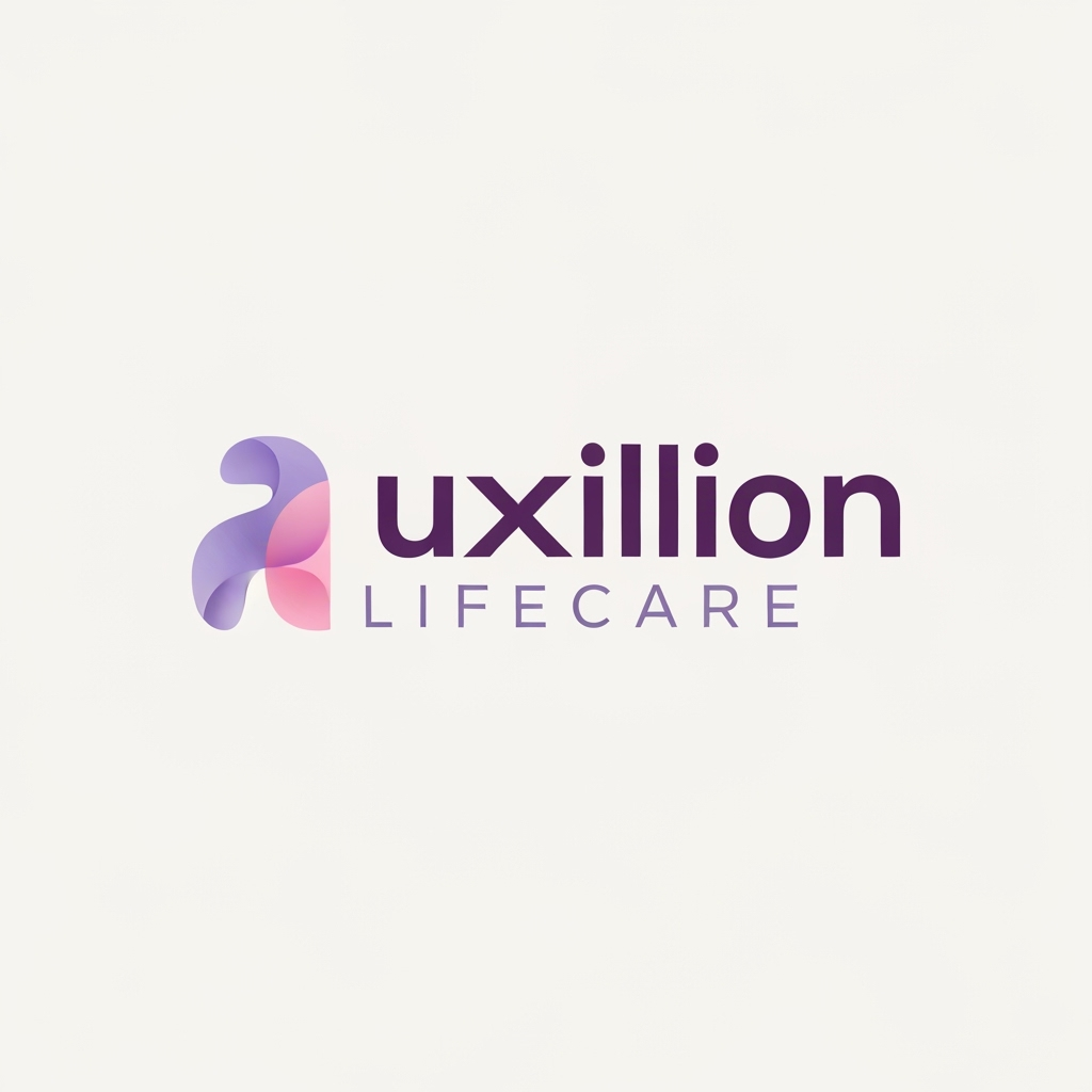 AI Logo Design by Hiding Elephant for That is a very distinct and professional logo!

Here is the detailed prompt that describes the logo shown in the image, capturing all the visual elements, colors, and styling:

---

## Logo Description Prompt

A professional pharmaceutical company logo for **Auxillion Lifecare**.

The logo features the word **“uxillion”** in lowercase, written in a **bold modern sans-serif font** (like Poppins or Montserrat). The color of the text is **dark plum purple (\#3C014C)**.

Below it, the text **“LIFECARE”** appears in uppercase, **thin font with wide letter spacing**, colored **medium purple-gray (\#6A497A)**.

**The most prominent feature** is the initial letter: the lowercase letter **“A”** has been replaced by an **abstract symbol** that is directly connected to the rest of the word **"uxillion"**. This symbol is made from two smooth, **overlapping, organic shapes**—one **lavender (\#E1BDEB)** and the other **soft pink (\#F7A6B8)**—which are slightly transparent and smoothly blended, forming a **gentle curved, wave-like figure** that seamlessly flows into the 'u' of 'uxillion'.

The design should be **clean, minimal, and corporate**, with an **off-white background**. The look conveys **trust, innovation, and care**,  A should be creative or vector or illustration suitable for a healthcare or pharmaceutical brand. create logo based on this prompt
