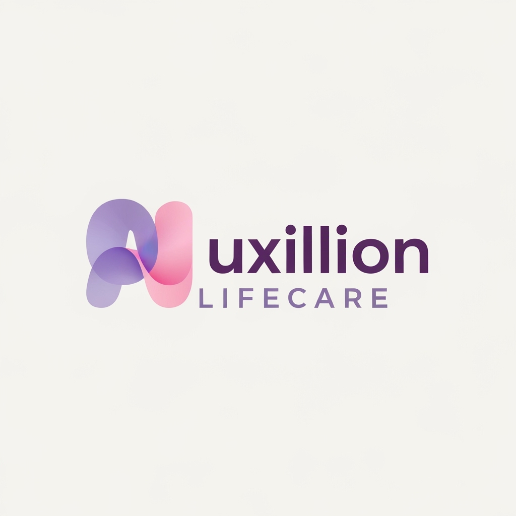 AI Logo Design by Hiding Elephant for That is a very distinct and professional logo!

Here is the detailed prompt that describes the logo shown in the image, capturing all the visual elements, colors, and styling:

---

## Logo Description Prompt

A professional pharmaceutical company logo for **Auxillion Lifecare**.

The logo features the word **“uxillion”** in lowercase, written in a **bold modern sans-serif font** (like Poppins or Montserrat). The color of the text is **dark plum purple (\#3C014C)**.

Below it, the text **“LIFECARE”** appears in uppercase, **thin font with wide letter spacing**, colored **medium purple-gray (\#6A497A)**.

**The most prominent feature** is the initial letter: the lowercase letter **“A”** has been replaced by an **abstract symbol** that is directly connected to the rest of the word **"uxillion"**. This symbol is made from two smooth, **overlapping, organic shapes**—one **lavender (\#E1BDEB)** and the other **soft pink (\#F7A6B8)**—which are slightly transparent and smoothly blended, forming a **gentle curved, wave-like figure** that seamlessly flows into the 'u' of 'uxillion'.

The design should be **clean, minimal, and corporate**, with an **off-white background**. The look conveys **trust, innovation, and care**,  A should be creative or vector or illustration suitable for a healthcare or pharmaceutical brand. create logo based on this prompt
