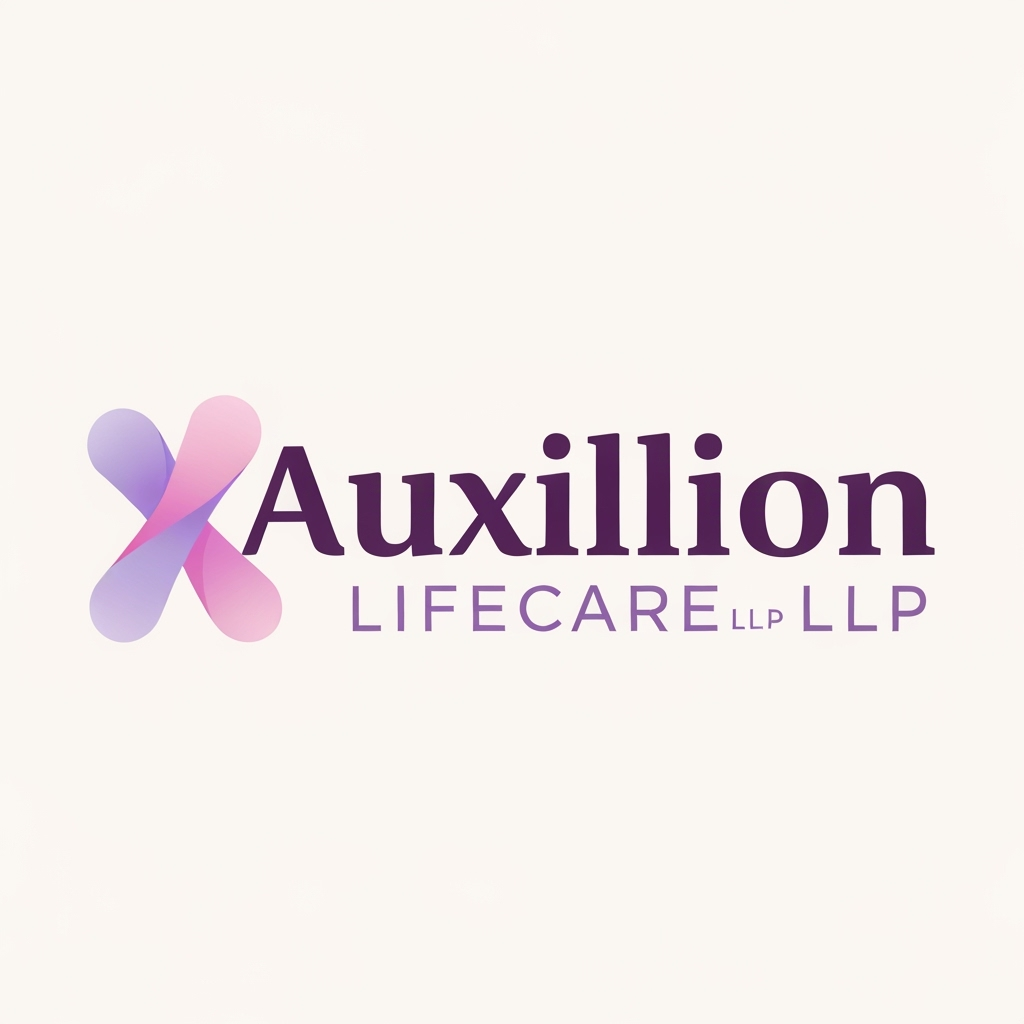 AI Logo Design by Hiding Elephant for Logo Text:
"Auxillion Lifecare LLP"

Typography:

Font Style: Clean, modern sans-serif typeface (similar to Poppins SemiBold or Montserrat Bold).

The word "Auxillion" is in lowercase, bold, and dark plum-purple color.

The word "LIFECARE LLP" is in uppercase, thin or light-weight font, with letter spacing (tracking) slightly increased for a clean corporate look, and colored medium purple-grey.

Alignment: Center-aligned under "Auxillion".

Color Palette:

Main Wordmark ("uxillion") – deep plum purple (#3C014C or similar).

Illustration / symbol – gradient shades of soft lavender (#E1BDEB) and light pink (#F7A6B8) overlapping in a transparent manner.

Subtext ("LIFECARE LLP") – medium purple (#6A497A).

Symbol / Icon:

Positioned to the left of the text.

Stylized abstract letter "A", composed of two smooth, flowing, overlapping organic shapes.

Shapes resemble fluid, soft ribbons or intersecting drops, forming a gentle curve or wave.

The shapes are not sharp-edged – they are rounded, smooth, and softly blended using a gradient or transparency overlap between lavender and pink.

The symbol gives a sense of motion, harmony, and care (abstractly representing life, connection, or health).

Composition:

The symbol is roughly the same height as the word “Auxillion”.

The symbol overlaps slightly behind the “A” and “u” of "Auxillion" (optional for stylistic match).

The entire logo sits on a white or very light beige background.

Overall Look & Feel:

Professional, soft, and elegant.

Reflects a modern healthcare or pharmaceutical brand identity.

Avoids medical clichés (no crosses, pills, or heart icons).

Focuses on abstract purity, balance, and trustworthiness through color and form.