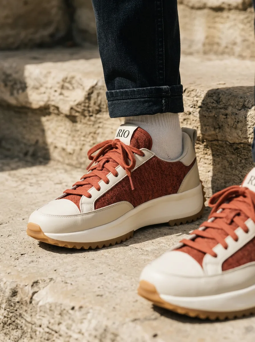 The same sneaker worn on a step, color and proportions unchanged