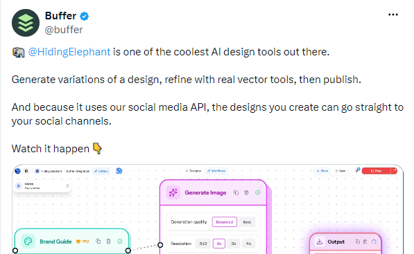 Screenshot of Buffer’s post on X calling Hiding Elephant one of the coolest AI design tools